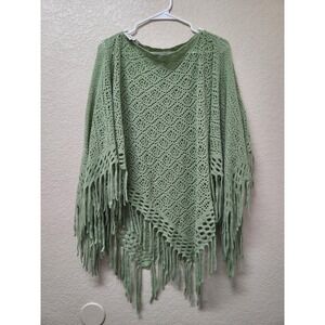 JC Sunny Boho Women Green Open Knit Fringe Poncho Asymmetric Sweater Wrap OS Cap